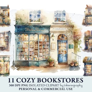 Watercolor Bookstore Clipart Bundle, Bookshop png, Watercolor Shop Illustration, Cozy Bookstore png, Scrapbooking, Instant Digital Download