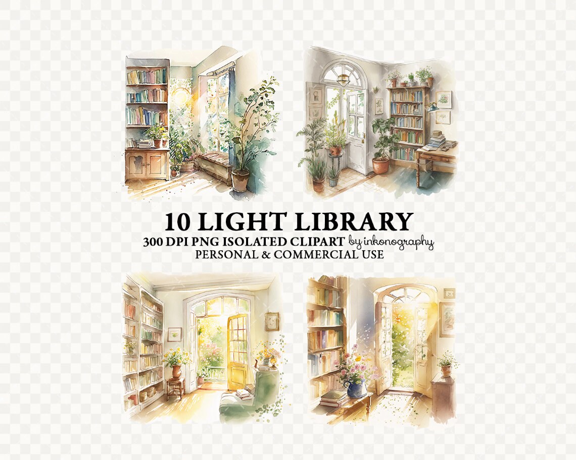 Watercolor Home Library Clipart Bundle Png, Window Clipart, Bookshelf ...
