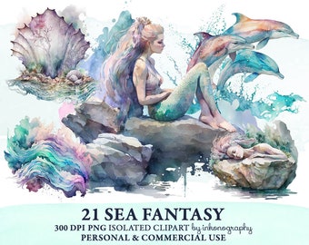 水彩マーメイド クリップアート バンドル、パステル 海の生き物、神秘的な PNG、デジタル マーメイド アート プランナー ガール ステッカー マーメイド PNG Mermay ダウンロード