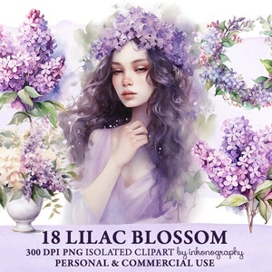 Watercolor Lilac Flowers Clipart Bundle, Floral Girl PNG, Purple Wedding, Planner Stickers, Junk Journal Instant Download Digital Scrap Book