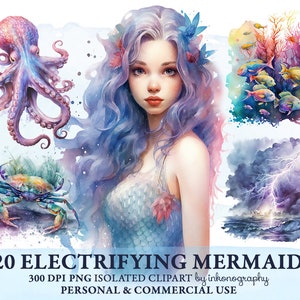 Bundle lunatique de cliparts PNG sirène, aquarelle Clip Art Mermay planificateur fille autocollant sirène Png nautique Clipart Junk Journal Scrapbooking