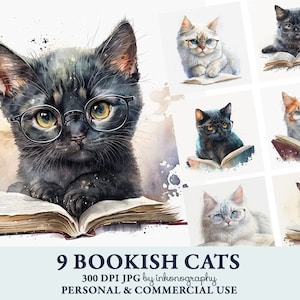 Cat Reading Book Clipart Bundle, Cute Watercolor Kittens, Cats in Specs, Nerdy Cats Wearing Glasses, School Clipart, Books Instant Download
