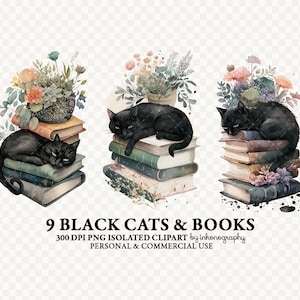 May include: Nine black cats are depicted sleeping on stacks of vintage books. Each cat is surrounded by watercolor flowers and greenery. The image is labeled "9 BLACK CATS & BOOKS 300 DPI PNG ISOLATED CLIPART by inkonography PERSONAL & COMMERCIAL USE".