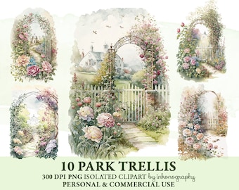 Garden Clipart Bundle, Watercolor Floral Clipart Png Garden Entrance, Spring Trees, Roses, House, Flowers, Scrapbooking, Cottagecore Decor