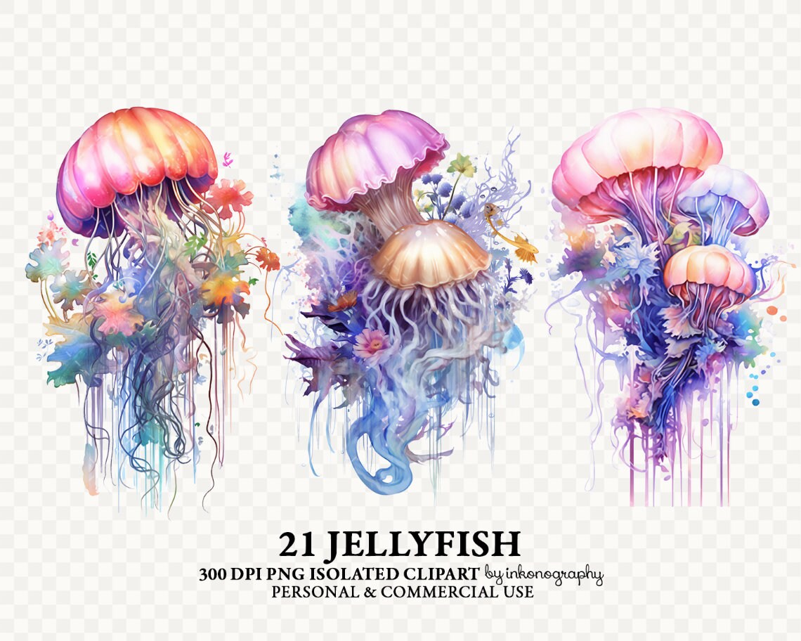 Watercolor Jellyfish Clipart Bundle Sea Creatures Jelly Fish Clipart ...