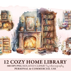 Watercolor Home Library Clipart Bundle, Book Lover png, Bookworm Cozy Reading Corner Book Nook Bookish Bookshelf Bookcase Aesthetic Clipart