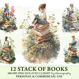 Menina aquarela sentada em livros empilhados Clipart Bundle, Png, Reading Clipart, Back to School Clipart, Kids Art, Stack of Books Png, Outdoor