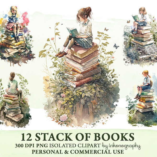 Watercolor Girl Sitting on Stacked Books Clipart Bundle, Png, Reading Clipart, Back to School Clipart, Kids Art, Stack of Books Png, Outdoor