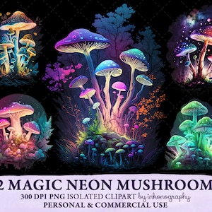 Magic Neon Mushrooms Clipart Bundle, Glowing Mushrooms Png, Neon Aesthetic, Bright Colors, Dorm Decor Sublimation Png Junk Journal Supplies