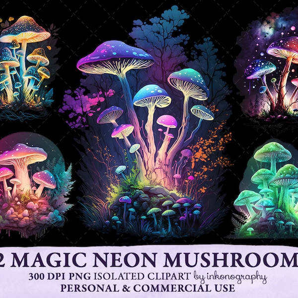 Magic Neon Mushrooms Clipart Bundle, Glowing Mushrooms Png, Neon Aesthetic, Bright Colors, Dorm Decor Sublimation Png Junk Journal Supplies