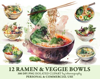 Watercolor Ramen Noodles Clipart Bundle, Cute Japanese Food Png, Vegetables Clipart, Vegan Bowls, Asian Street Food, Junk Journal Supplies