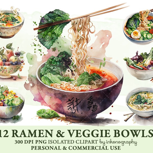 Watercolor Ramen Noodles Clipart Bundle, Cute Japanese Food Png, Vegetables Clipart, Vegan Bowls, Asian Street Food, Junk Journal Supplies
