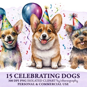 Aquarel verjaardag hond clipart bundel PNG rassen Engelse Franse Bulldog Corgi puppy Chihuahua Schotse Yorkshire Airedale Terriër Schnauzer