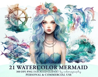 Watercolor Mermaid Clip Art Bundle, Pastel Mermaid Clipart, Mermaid Digital Stickers Planner Girl Ocean Png Nautical Clipart Scrap Book