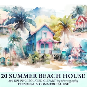 Printable Beach House Clipart Bundle, Beach Bungalow Home, Watercolor Clipart, Tropical Beach House PNG Vacation Clip Art Landscape Clipart