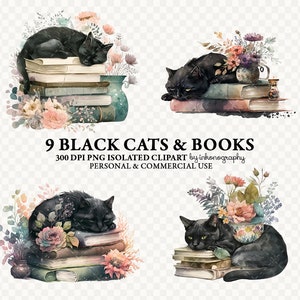 May include: Nine digital illustrations of black cats sleeping on stacks of vintage books with floral accents. The illustrations are in a watercolor style.