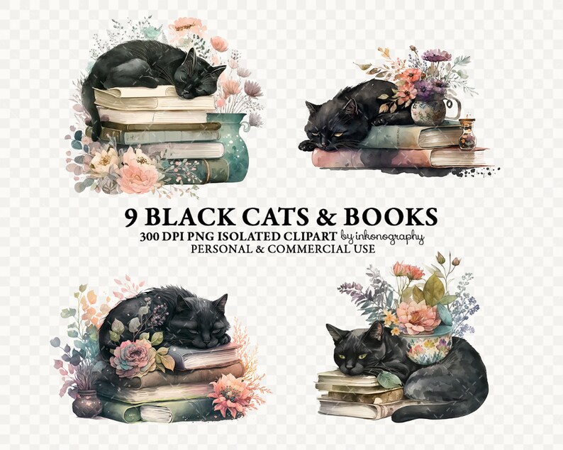 May include: Nine digital illustrations of black cats sleeping on stacks of vintage books with floral accents. The illustrations are in a watercolor style.