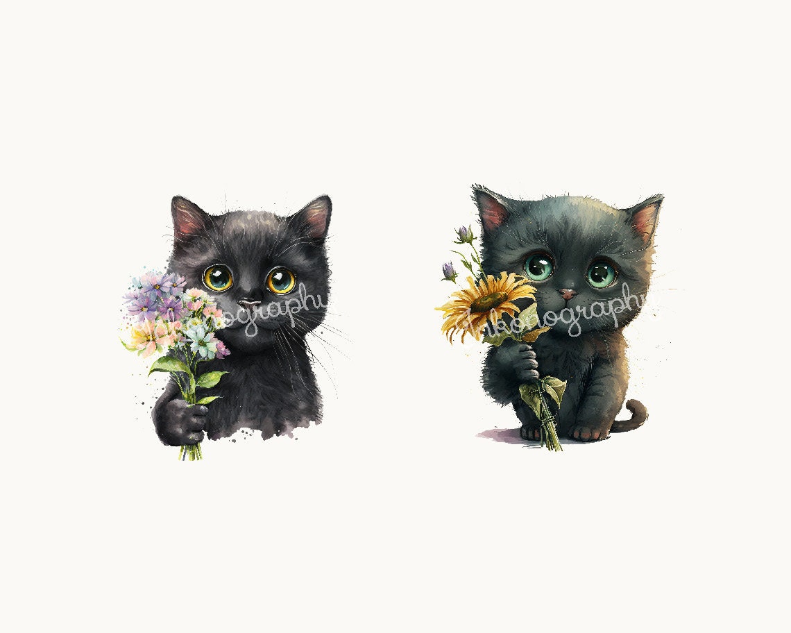 Cute Kitten Clipart Bundle Watercolor Cat PNG Floral Cats - Etsy