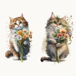 Cute Kitten Clipart Bundle, Watercolor Cat PNG, Floral Cats Flowers ...