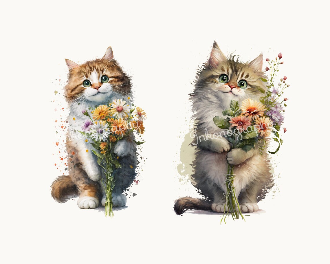 Cute Kitten Clipart Bundle Watercolor Cat PNG Floral Cats - Etsy