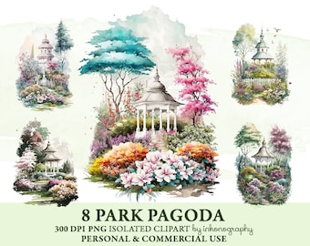 Watercolor Pagoda Clipart Bundle Png, Gable Pavilion, Park Pagoda, Spring Trees, Landscape Clipart, Asian Clipart, Zen Garden Png, Outdoor