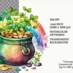 K&ouml;nnte beinhalten: Eine Aquarell-Illustration eines Topfes voller Goldm&uuml;nzen mit Kleebl&auml;ttern und einem Regenbogen im Hintergrund. Der Topf ist gr&uuml;n mit einem goldenen Deckel und Griff. Die M&uuml;nzen sind golden und die Kleebl&auml;tter sind gr&uuml;n. Der Regenbogen ist mehrfarbig und hat eine wei&szlig;e Wolke oben.