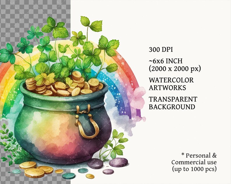 K&ouml;nnte beinhalten: Eine Aquarell-Illustration eines Topfes voller Goldm&uuml;nzen mit Kleebl&auml;ttern und einem Regenbogen im Hintergrund. Der Topf ist gr&uuml;n mit einem goldenen Deckel und Griff. Die M&uuml;nzen sind golden und die Kleebl&auml;tter sind gr&uuml;n. Der Regenbogen ist mehrfarbig und hat eine wei&szlig;e Wolke oben.