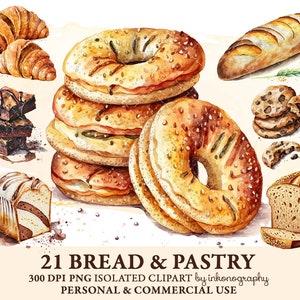Pacchetto di clipart per pane e pasticceria ad acquerello, Bagel, Baguette, Panini alla Cinammon, Biscotti al cioccolato, Torta di mele, Brownie Download istantaneo Scrap Book