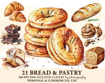 Watercolor Bread & Pastry Clipart Bundle, Bagel, Baguette, Cinammon Rolls, Chocolate Cookies, Apple Pie, Brownie Instant Download Scrap Book