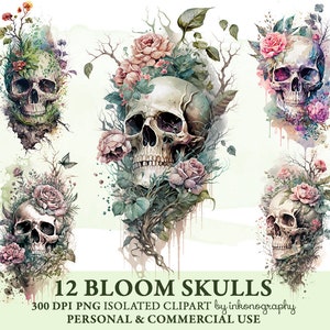 Bloom Skulls Watercolor Skull Clipart Bundle, Floral Skull Clipart, Png, Pagan Clipart, Occult png, Digital Instant Download T-Shirt Designs