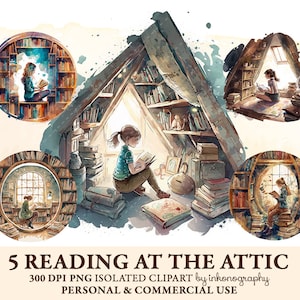Watercolour Girl Reading Clipart Bundle, Cozy Reading Corner, Bookshelf, Bookcase, Home Library, Bookworm, Png, Attic, Interior, Nook, Books