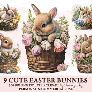 Cute Easter Bunny Clipart Bundle, Png, Nursery Decor Wall Art, Cute Bunny Clipart,  Easter Clipart, Vintage Baby Bunnies Animal Png Decor