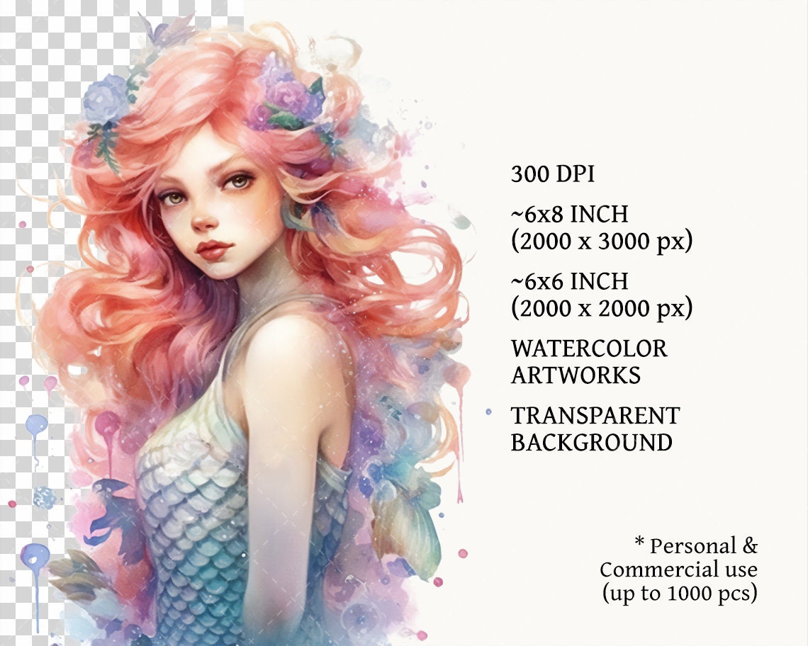 Whimsical Mermaid PNG Clipart Bundle, Watercolor Clip Art Mermay ...