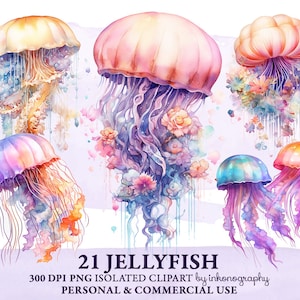 Watercolor Jellyfish Clipart Bundle Sea Creatures Jelly Fish Clipart Junk Journal Stickers Cute Ocean Animals Png Planner Girl Stickers PNG