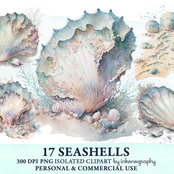 Watercolor Seashell Clipart Bundle, Seashell Png, Sealife Digital Clipart, Sea Shell, Ocean Clipart, Summer Instant Download Sea Clipart