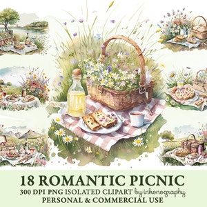 Romantyczny piknik Png, akwarelowy łąkowy pakiet clipartów, zestaw Png kosz piknikowy, lemoniada, pizza, wino, wiosna cyfrowy clipart natychmiastowe pobranie