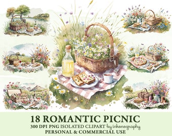 Picnic romántico Png, paquete de imágenes prediseñadas de pradera de acuarela, cesta de picnic png set, limonada, pizza, vino, imágenes prediseñadas digitales de primavera Descarga instantánea
