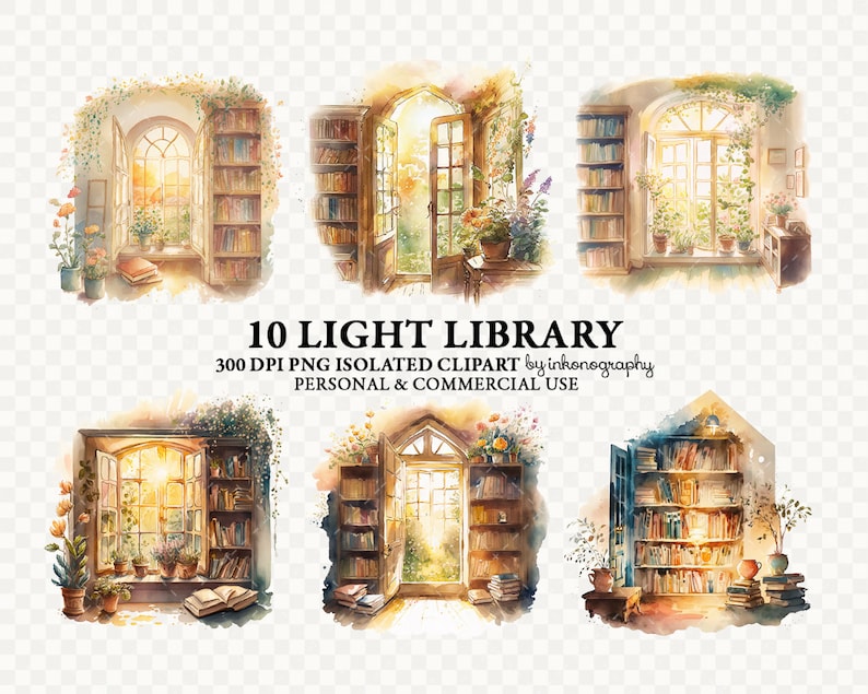 Watercolor Home Library Clipart Bundle Png, Window Clipart, Bookshelf ...