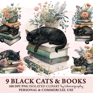 Chat noir dormant sur une pile de livres, ensemble de cliparts pour amateur de livres, chat noir Png, livre mystère, illustration de chats noirs en téléchargement numérique