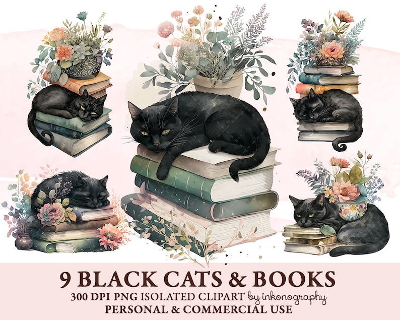 May include: Nine black cats are depicted in a watercolor illustration, each resting on a stack of books. The cats are surrounded by lush greenery and flowers, creating a whimsical and charming scene.
