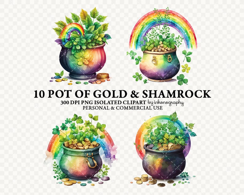 K&ouml;nnte beinhalten: Ein Satz von vier digitalen Clipart-Bildern mit einem Topf voller Gold, Kleebl&auml;ttern und einem Regenbogen. Die T&ouml;pfe sind mit einem Regenbogenmuster verziert und haben einen goldenen Griff. Die Kleebl&auml;tter sind gr&uuml;n und die Regenb&ouml;gen sind mehrfarbig.