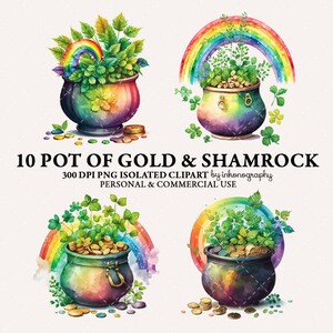 K&ouml;nnte beinhalten: Zehn Aquarell-Illustrationen eines Goldtopfs mit Kleebl&auml;ttern und einem Regenbogen. Die T&ouml;pfe sind mit einem Regenbogenmuster verziert und haben einen goldenen Griff. Die Kleebl&auml;tter sind gr&uuml;n und die Regenb&ouml;gen sind mehrfarbig.