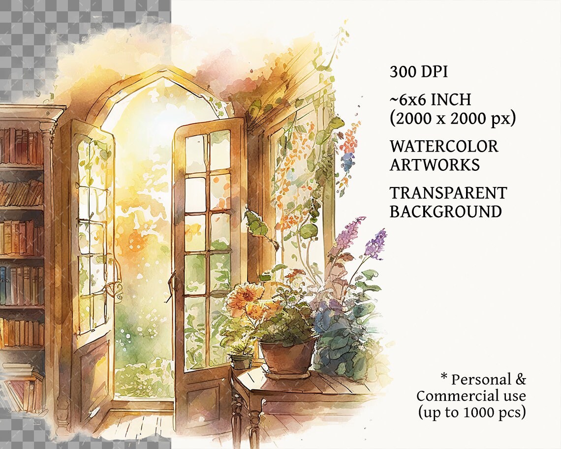 Watercolor Home Library Clipart Bundle Png, Window Clipart, Bookshelf ...