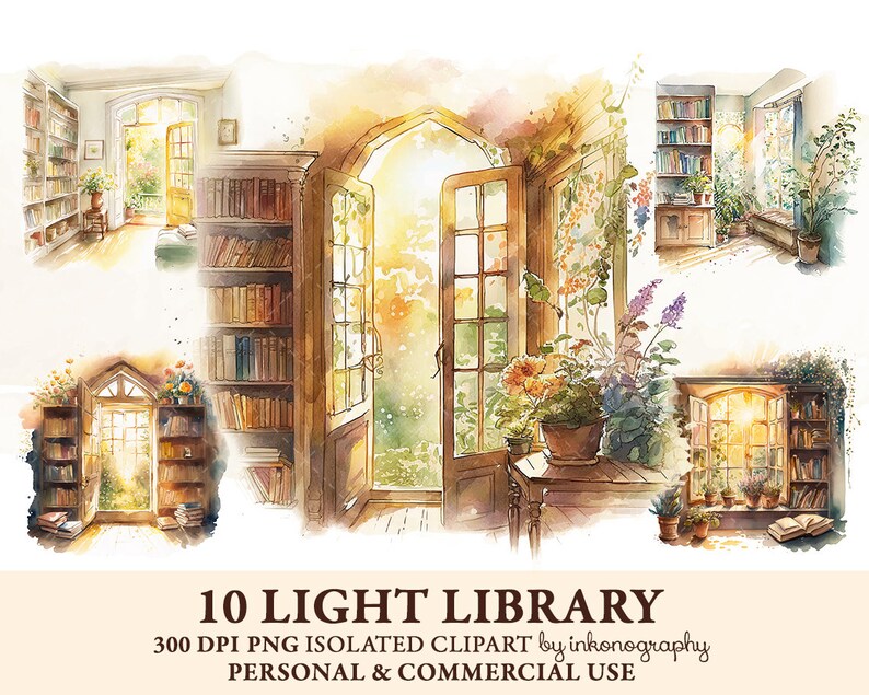 Watercolor Home Library Clipart Bundle Png, Window Clipart, Bookshelf ...