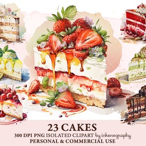 Aquarell Kuchen Clipart Bundle, Erdbeerkuchen, Käsekuchen Schokolade Kürbis Gewürzkuchen Geburtstagskuchen Png Roter Samt Pistazien Kuchen Dessert