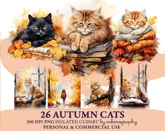 Herbst Aquarell Clipart | Herbst Katzenblätter | Gemütliche Katzen Kaffee Bücher | Kommerzielle Nutzung Png | Herbst Sticker | Herbst Sticker Clipart