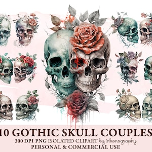 Casal De Caveira Gótica Png Aquarela Skull Clipart Bundle, Floral Skull Clipart, Roses Png Digital Prints, Instant Download, T-Shirt Designs