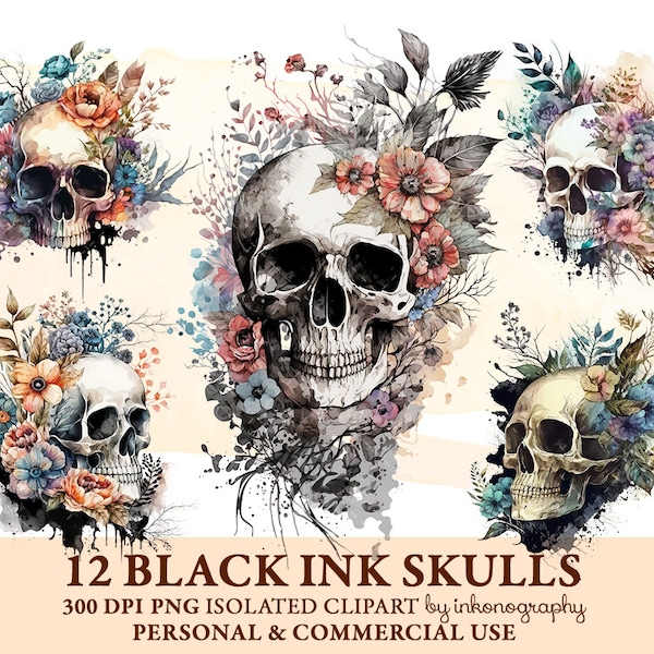 Tattoo Skulls Png, Watercolor Skull Clipart Bundle, Floral Skull Clipart, Png Digital Prints Instant Download T-Shirt Designs Commercial use