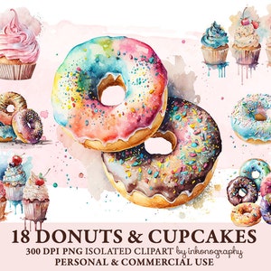 Watercolor Donuts & Cupcakes Clipart Bundle, Bakery Clipart, Dessert Clipart, Watercolor Sweets, Baking Clipart Cupcake Sublimation Design