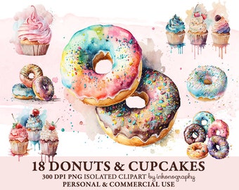 Watercolor Donuts & Cupcakes Clipart Bundle, Bakery Clipart, Dessert Clipart, Watercolor Sweets, Baking Clipart Cupcake Sublimation Design